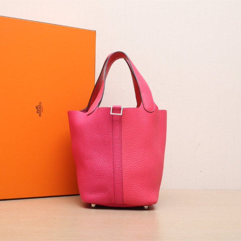 HERMES Picotin18菜籃子I6極致粉拼S3心紅色拼0D墨西哥玫瑰粉TC皮Y刻銀扣肩背包-0