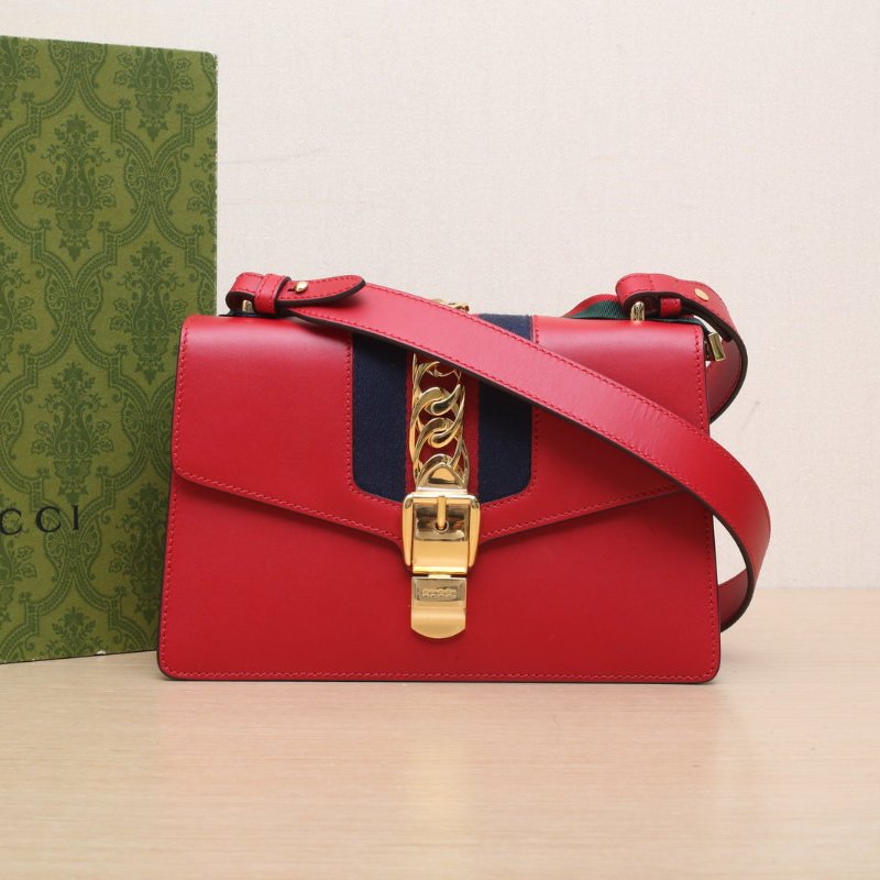 GUCCI Sylvie塞爾維亞絲帶包小號25.5紅色牛皮金扣肩背包-0