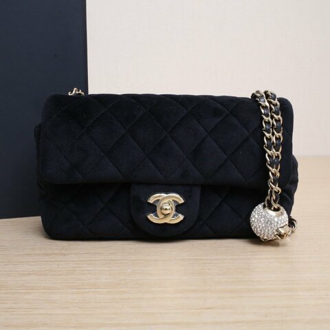 CHANEL 黑色天鵝絨30開金扣鑽球調節扣肩帶20ACF口蓋包大Mini20肩背包