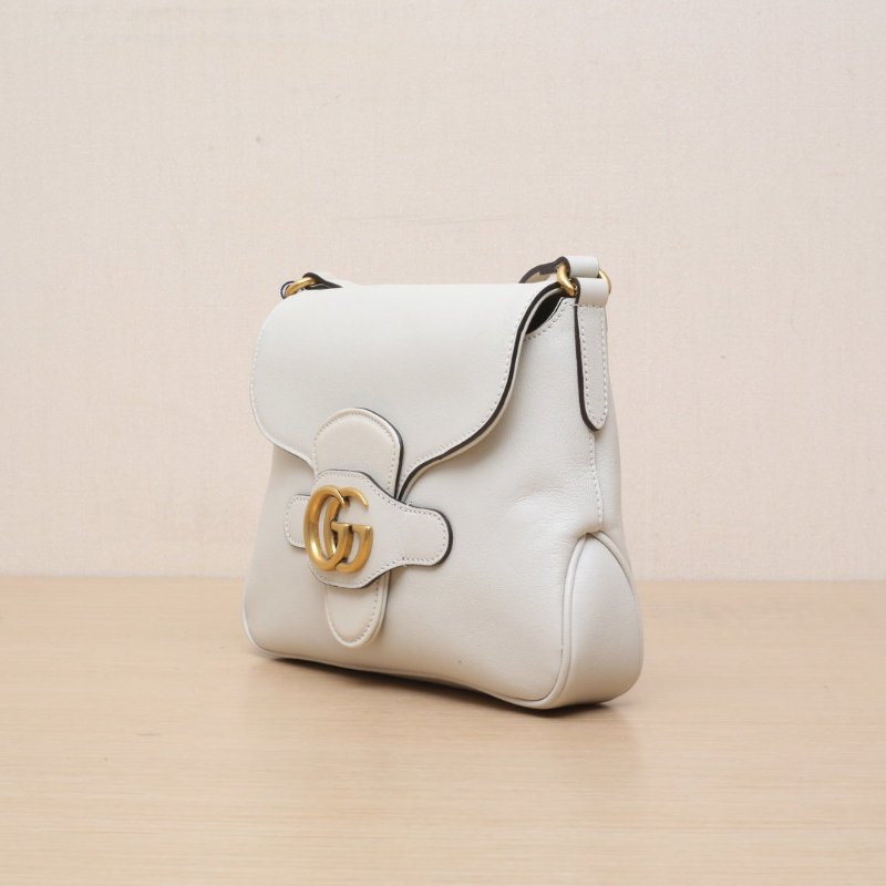 GUCCI 白色牛皮金扣GGLOGO全皮郵差包斜挎包肩背包-3
