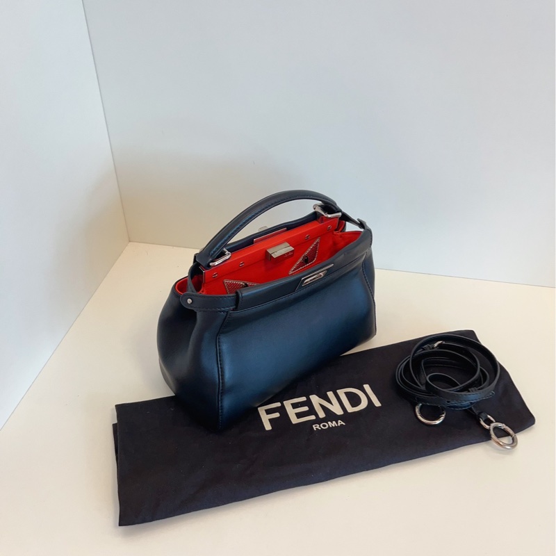 【98新🆕】Fendi 經典黑色銀扣 小怪獸銀色眼睛內里 peekaboo mini鉑金包手提包 斜挎包 單肩包-5