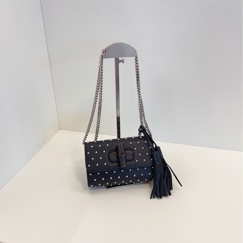 【97新🆕】Gucci miss bamboo 黑色鉚釘流蘇 竹節扣 單肩斜挎鏈條包