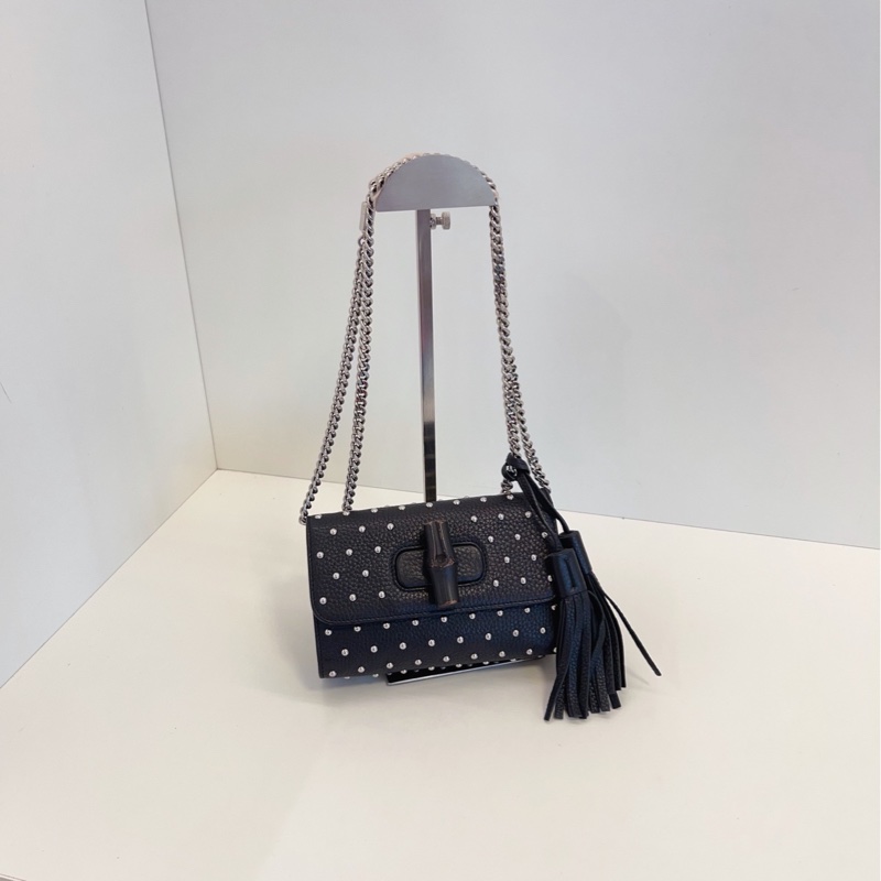 【97新🆕】Gucci miss bamboo 黑色鉚釘流蘇 竹節扣 單肩斜挎鏈條包-0