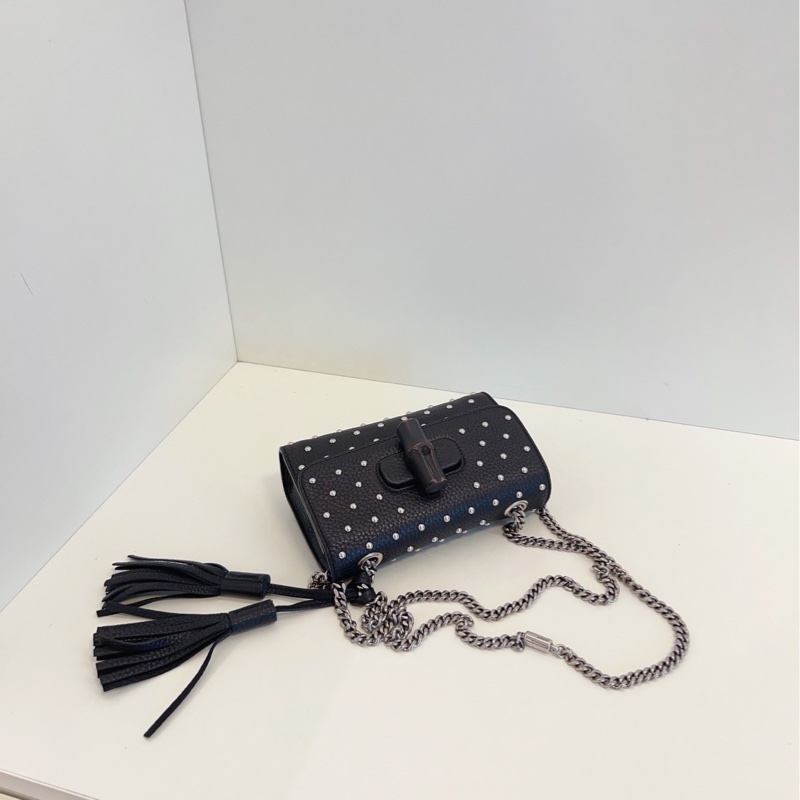 【97新🆕】Gucci miss bamboo 黑色鉚釘流蘇 竹節扣 單肩斜挎鏈條包-4