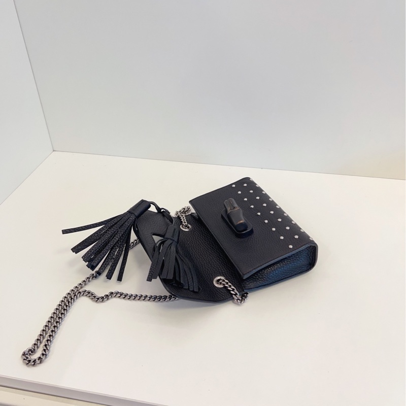 【97新🆕】Gucci miss bamboo 黑色鉚釘流蘇 竹節扣 單肩斜挎鏈條包-7