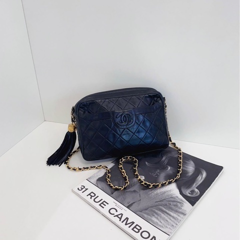 【97新🆕】Chanel中古黑金菱格燈籠扣流蘇相機包 皮穿鏈條款 浮雕雙C 經典vintage⚡️斜挎包 單肩包
