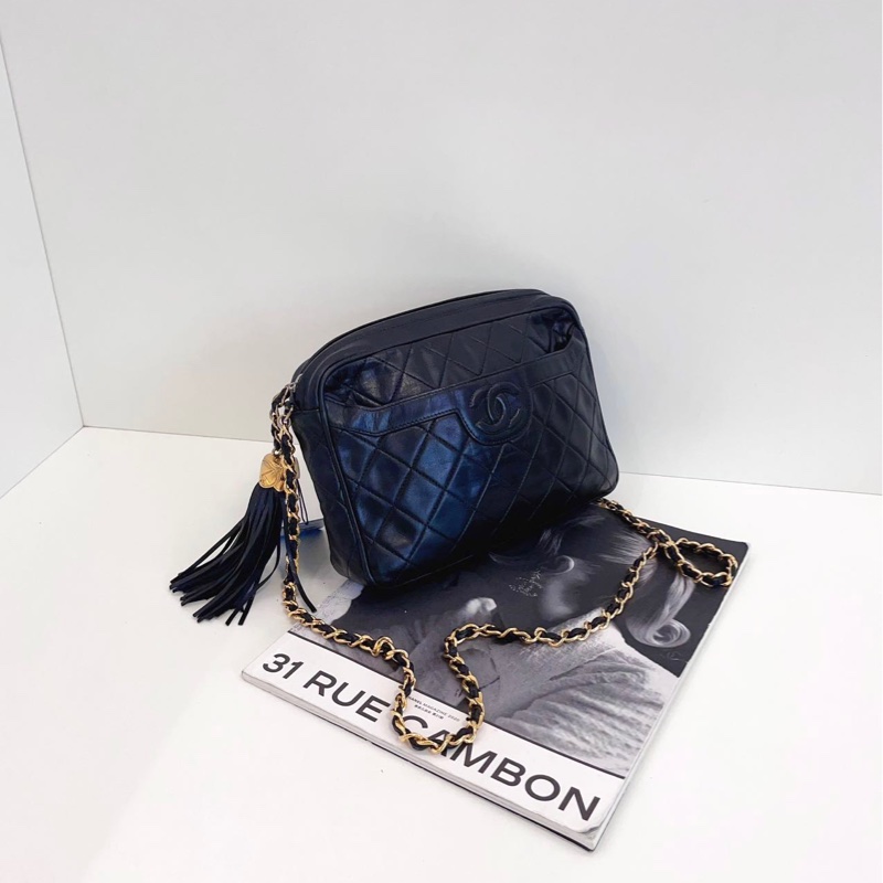 【97新🆕】Chanel中古黑金菱格燈籠扣流蘇相機包 皮穿鏈條款 浮雕雙C 經典vintage⚡️斜挎包 單肩包-1