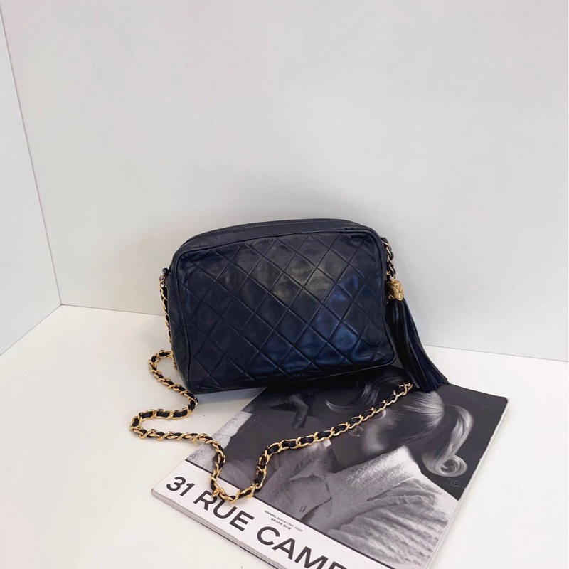 【97新🆕】Chanel中古黑金菱格燈籠扣流蘇相機包 皮穿鏈條款 浮雕雙C 經典vintage⚡️斜挎包 單肩包-2
