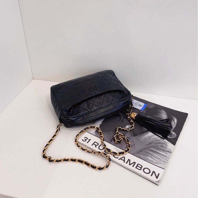 【97新🆕】Chanel中古黑金菱格燈籠扣流蘇相機包 皮穿鏈條款 浮雕雙C 經典vintage⚡️斜挎包 單肩包-3