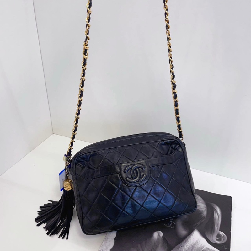 【97新🆕】Chanel中古黑金菱格燈籠扣流蘇相機包 皮穿鏈條款 浮雕雙C 經典vintage⚡️斜挎包 單肩包-4