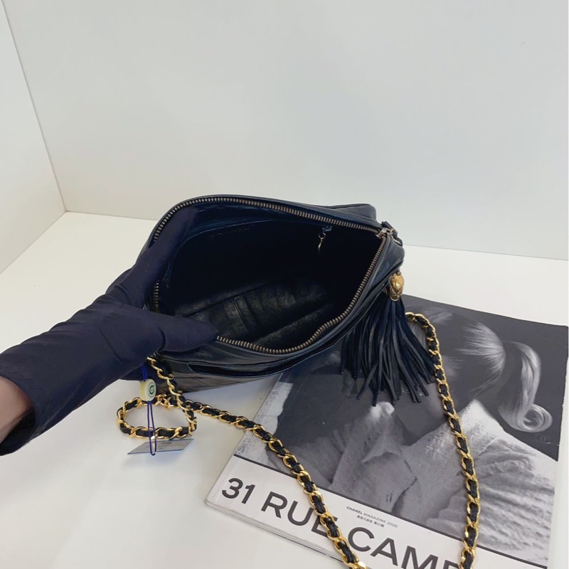【97新🆕】Chanel中古黑金菱格燈籠扣流蘇相機包 皮穿鏈條款 浮雕雙C 經典vintage⚡️斜挎包 單肩包-5