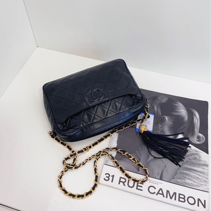 【97新🆕】Chanel中古黑金菱格燈籠扣流蘇相機包 皮穿鏈條款 浮雕雙C 經典vintage⚡️斜挎包 單肩包-6
