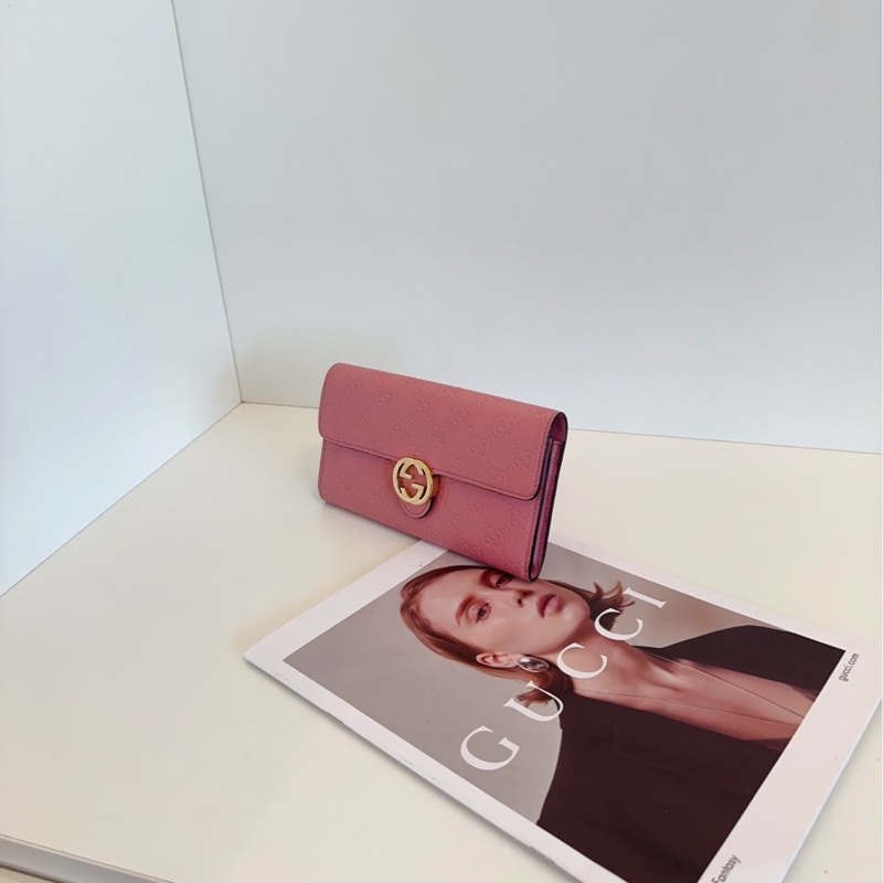 【98新🆕】Gucci 豆沙粉全皮GG壓紋金扣長錢包 斜挎包👛-1