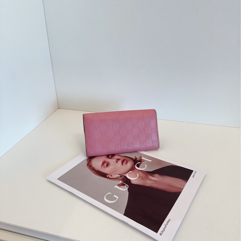 【98新🆕】Gucci 豆沙粉全皮GG壓紋金扣長錢包 斜挎包👛-2