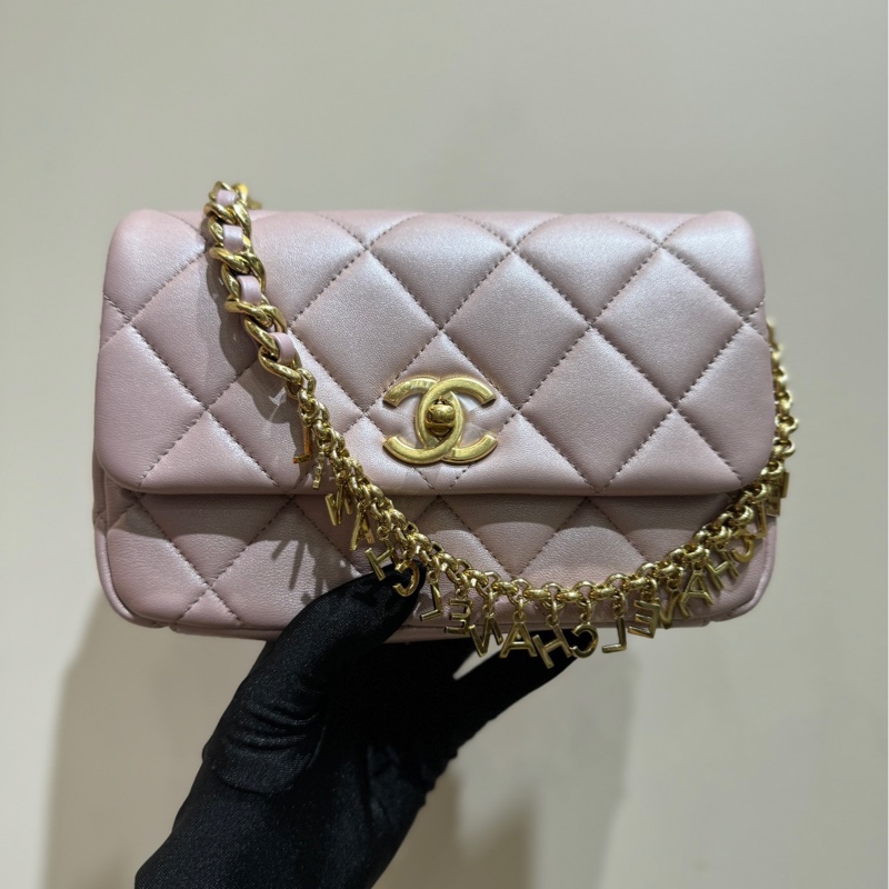 【全套❤️】Chanel 24P珍珠粉 cf 金扣羊皮大mini 斜挎包-2