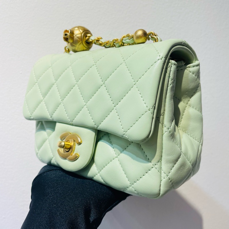 【閒置❤】Chanel  22C 清新淺綠金球方胖子鏈條包斜挎包 單肩包-3