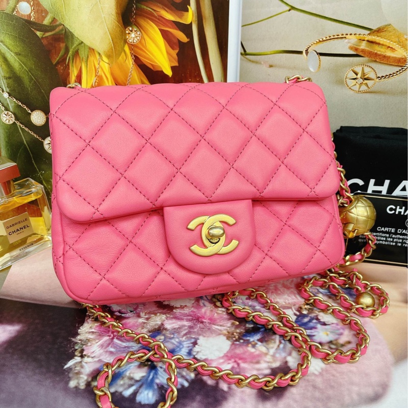 【配件：附卡、塵袋❤️】Chanel cf粉色金球方胖子 羊皮金球鏈條包 斜挎包-0
