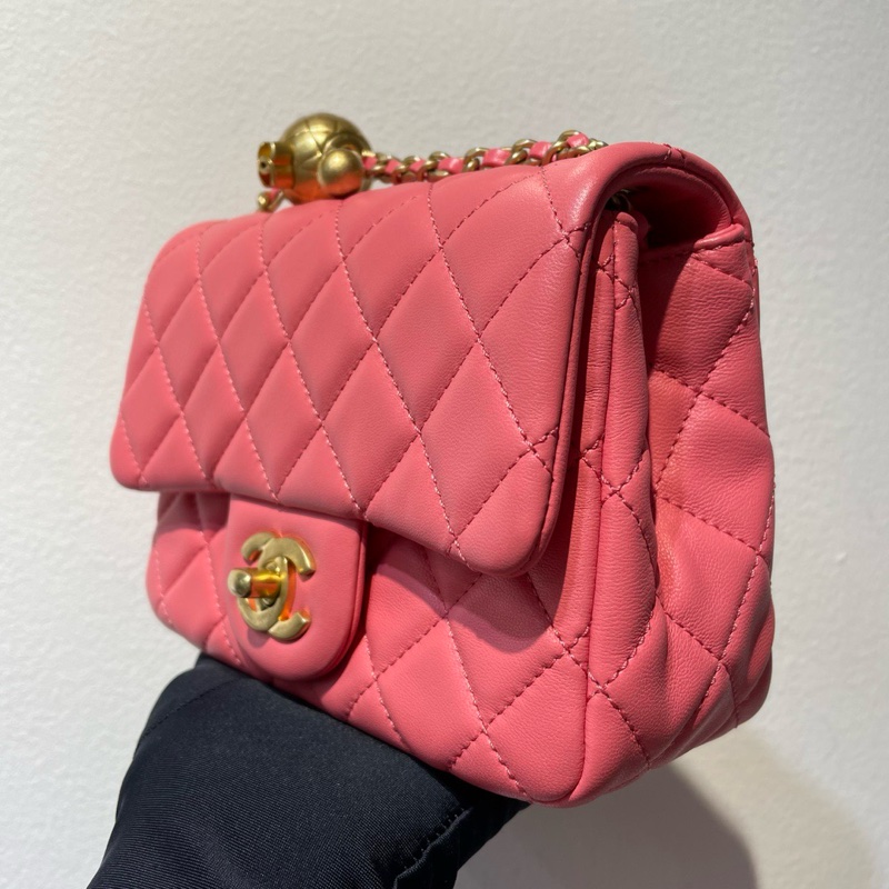 【配件：附卡、塵袋❤️】Chanel cf粉色金球方胖子 羊皮金球鏈條包 斜挎包-3