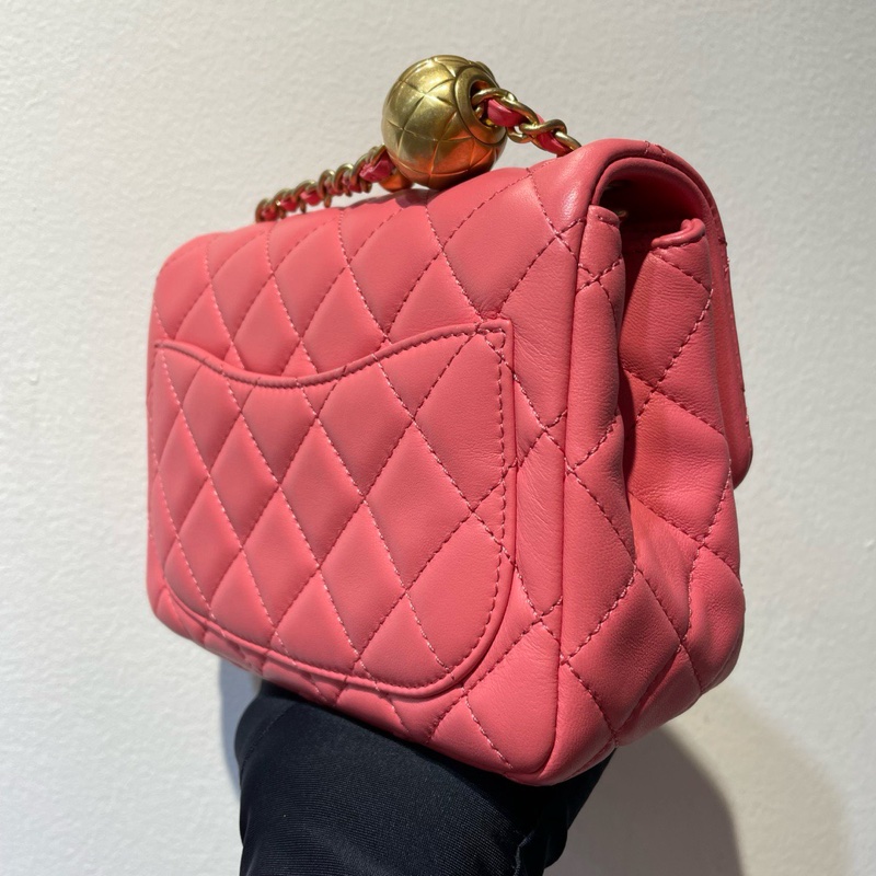 【配件：附卡、塵袋❤️】Chanel cf粉色金球方胖子 羊皮金球鏈條包 斜挎包-4