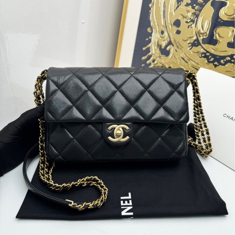 【全❤️】Chanel 24C黑金 荔枝紋牛皮方胖子芯片款 斜挎包