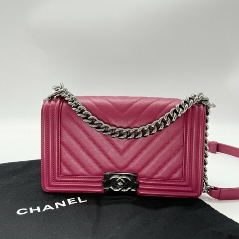 CHANEL 香奈兒 Leboy 經典中型人字紋 紫粉色  小牛皮手袋 斜背包