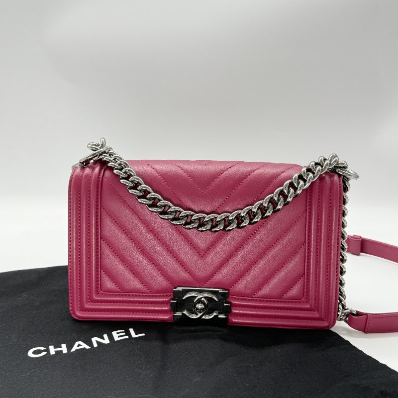 CHANEL 香奈兒 Leboy 經典中型人字紋 紫粉色  小牛皮手袋 斜背包-0