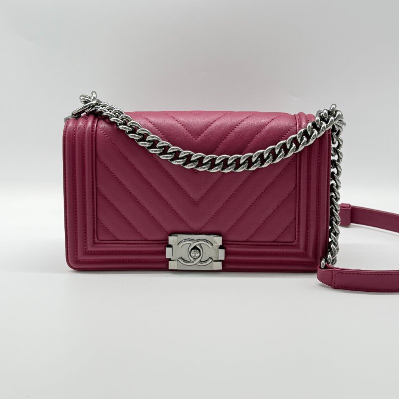 CHANEL 香奈兒 Leboy 經典中型人字紋 紫粉色  小牛皮手袋 斜背包-3