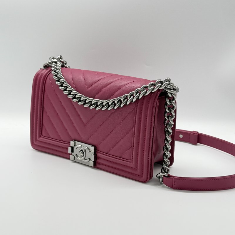 CHANEL 香奈兒 Leboy 經典中型人字紋 紫粉色  小牛皮手袋 斜背包-4