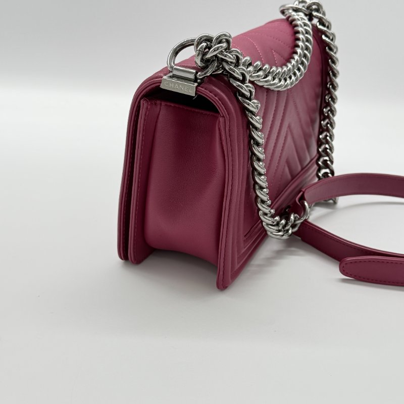 CHANEL 香奈兒 Leboy 經典中型人字紋 紫粉色  小牛皮手袋 斜背包-8