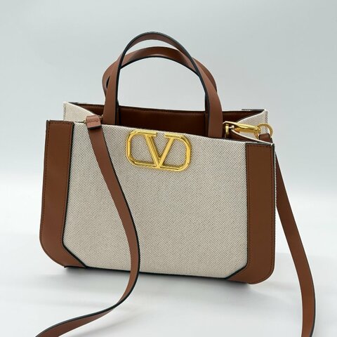 VALENTINO 范倫鐵諾 VLogo 金屬 米色亞麻帆布 棕色牛皮 約克夏手繪 手提包 單肩包 斜挎包