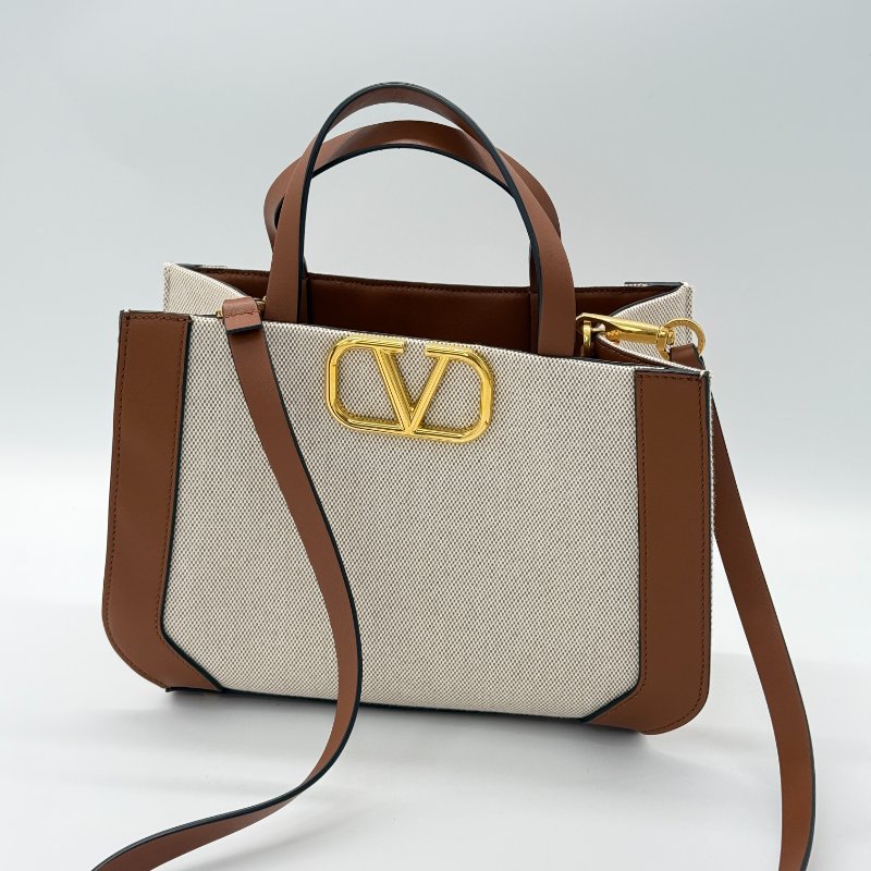VALENTINO 范倫鐵諾 VLogo 金屬 米色亞麻帆布 棕色牛皮 約克夏手繪 手提包 單肩包 斜挎包-0