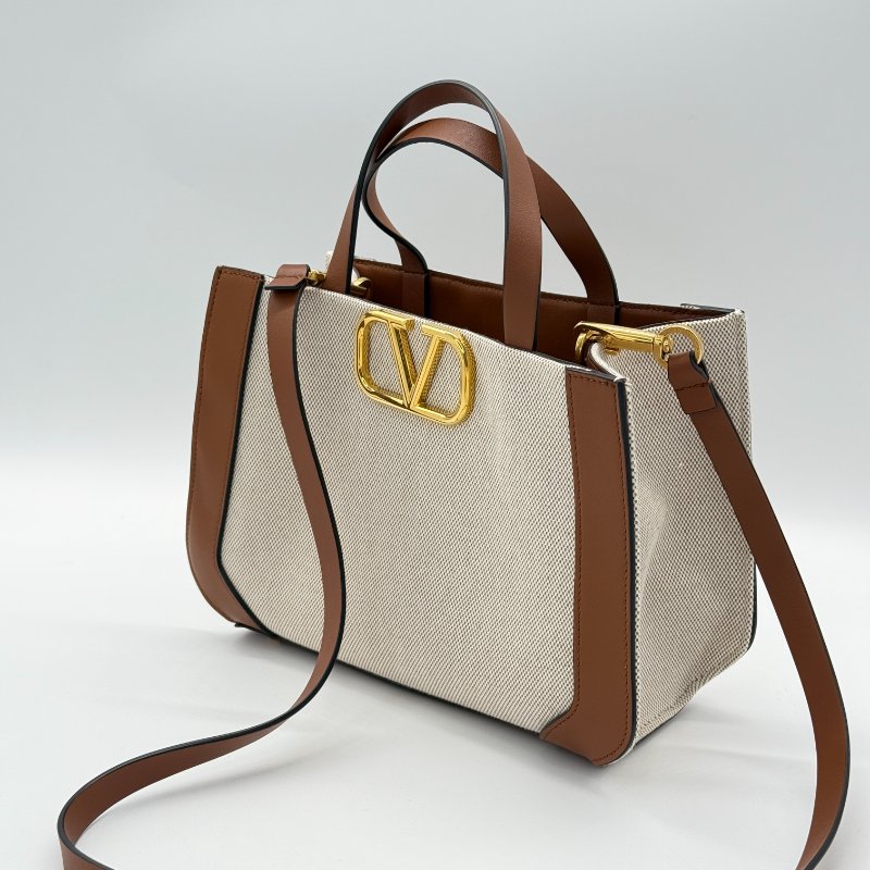 VALENTINO 范倫鐵諾 VLogo 金屬 米色亞麻帆布 棕色牛皮 約克夏手繪 手提包 單肩包 斜挎包-1