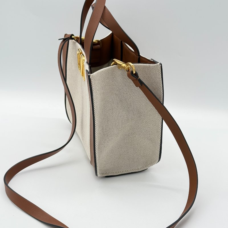 VALENTINO 范倫鐵諾 VLogo 金屬 米色亞麻帆布 棕色牛皮 約克夏手繪 手提包 單肩包 斜挎包-2