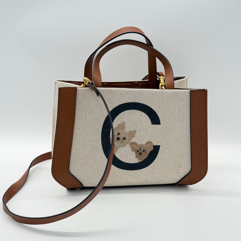 VALENTINO 范倫鐵諾 VLogo 金屬 米色亞麻帆布 棕色牛皮 約克夏手繪 手提包 單肩包 斜挎包-3