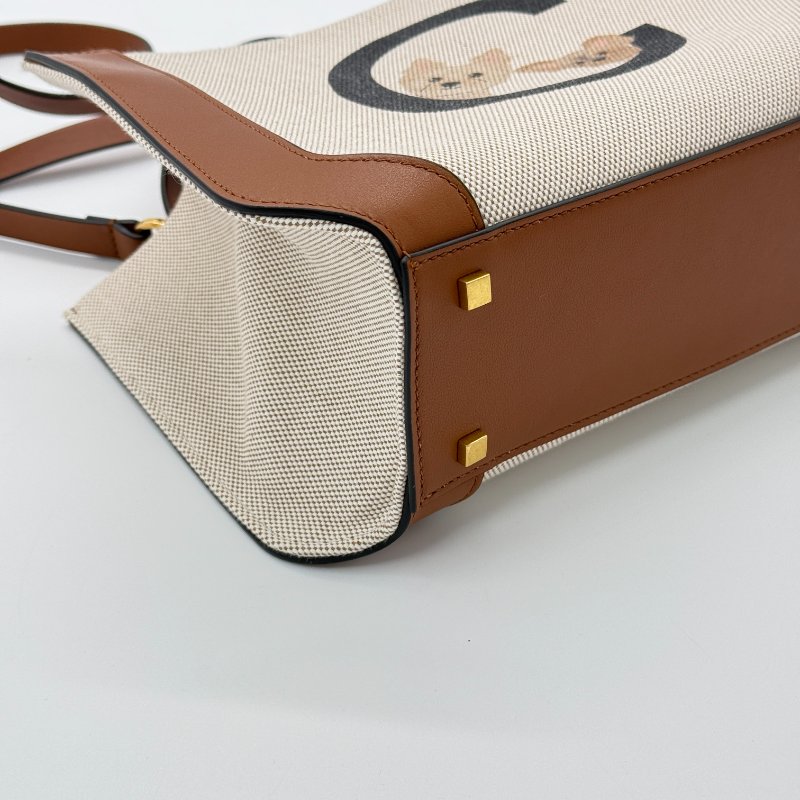 VALENTINO 范倫鐵諾 VLogo 金屬 米色亞麻帆布 棕色牛皮 約克夏手繪 手提包 單肩包 斜挎包-6