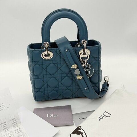 DIOR 迪奧 Lady 中型綠松石色 籐格紋 羊皮 托特肩背包