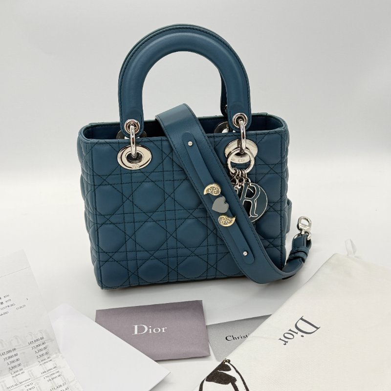 DIOR 迪奧 Lady 中型綠松石色 籐格紋 羊皮 托特肩背包-0