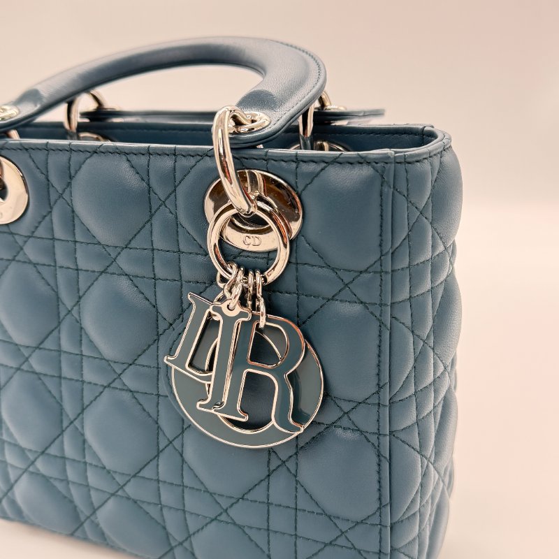 DIOR 迪奧 Lady 中型綠松石色 籐格紋 羊皮 托特肩背包-9