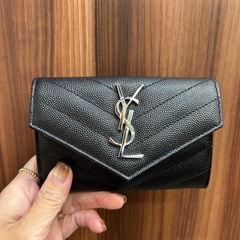 YSL 黑魚子醬牛皮銀釦4卡零錢卡包