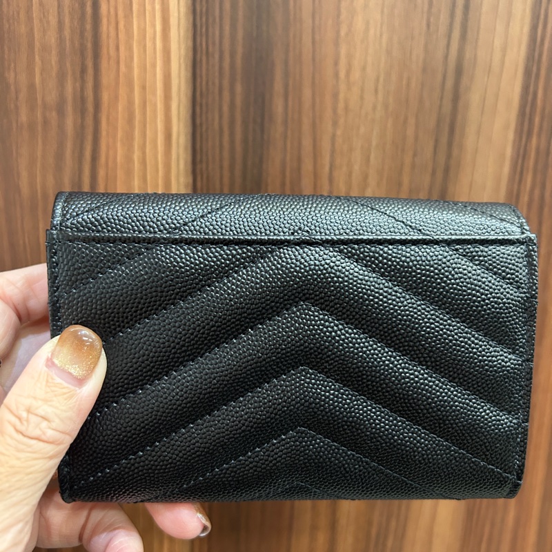 YSL 黑魚子醬牛皮銀釦4卡零錢卡包-3