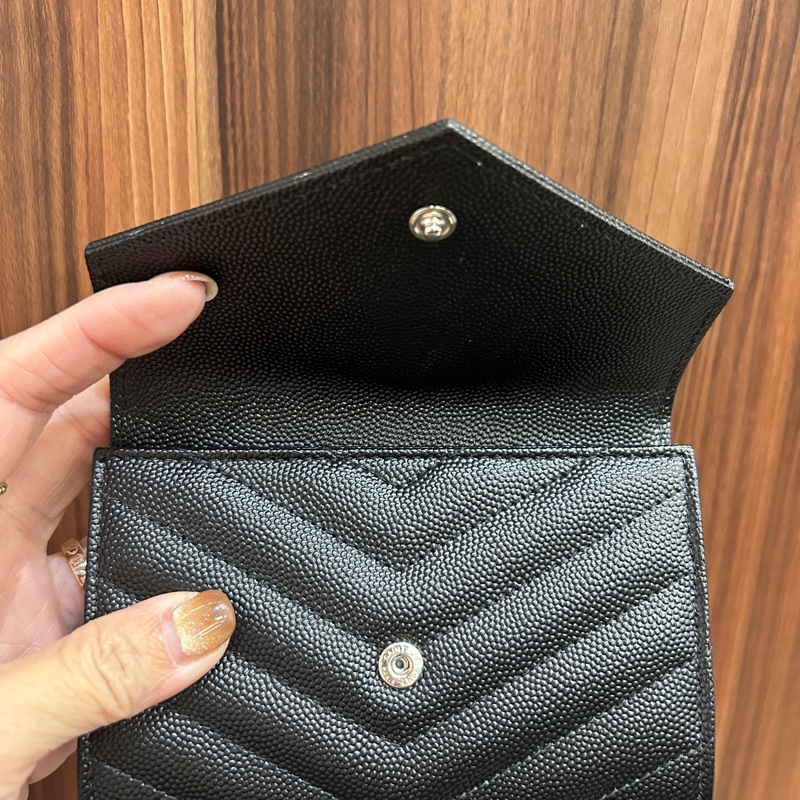 YSL 黑魚子醬牛皮銀釦4卡零錢卡包-5