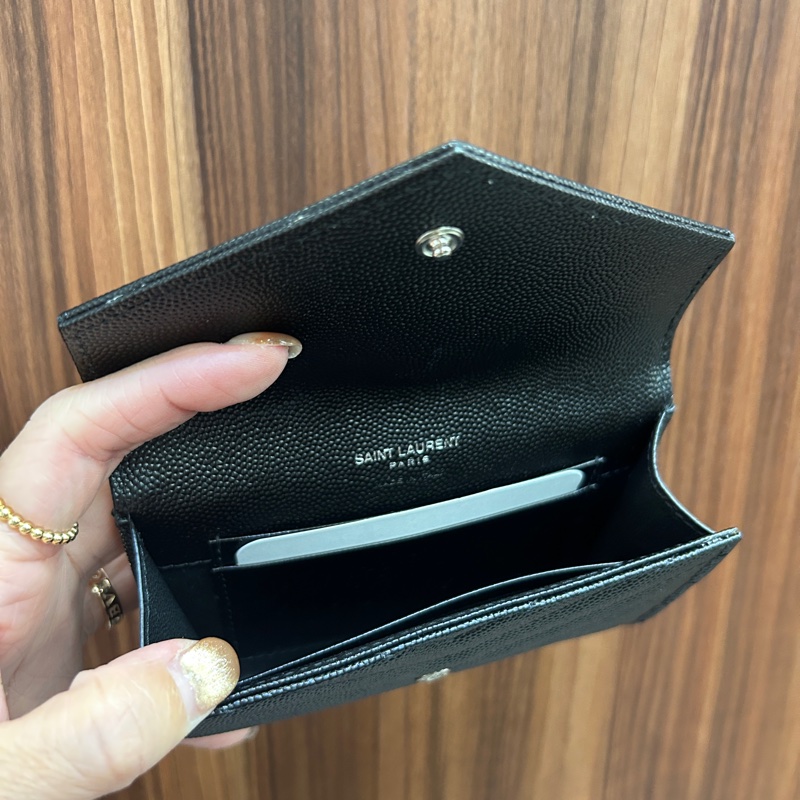 YSL 黑魚子醬牛皮銀釦4卡零錢卡包-6