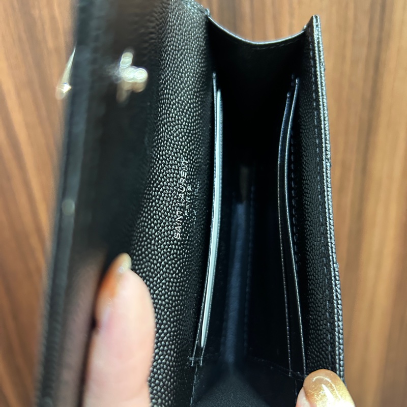 YSL 黑魚子醬牛皮銀釦4卡零錢卡包-7