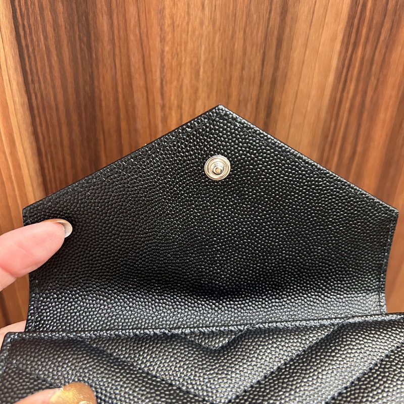 YSL 黑魚子醬牛皮銀釦4卡零錢卡包-9