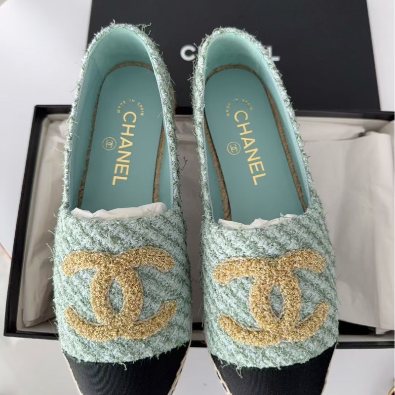 【全新品】chanel 香奈兒藍色薄荷綠tweed草編漁夫鞋 36號-1