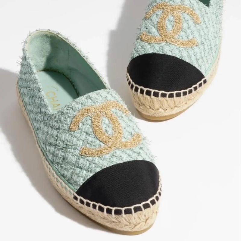 【全新品】chanel 香奈兒藍色薄荷綠tweed草編漁夫鞋 36號-7