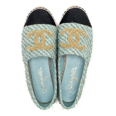 【全新品】chanel 香奈兒藍色薄荷綠tweed草編漁夫鞋 40號-0