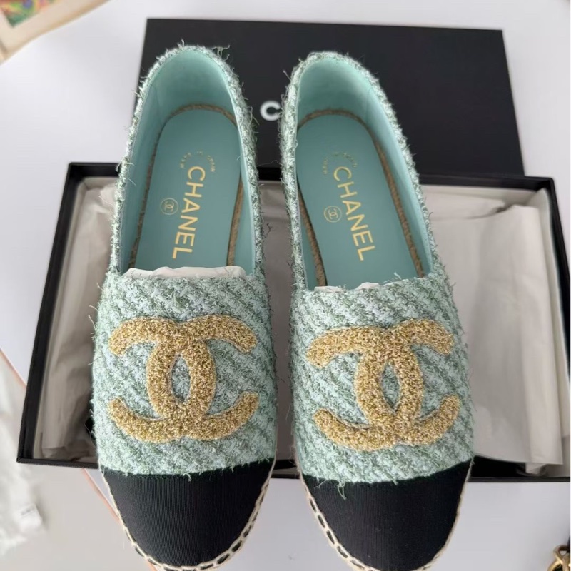 【全新品】chanel 香奈兒藍色薄荷綠tweed草編漁夫鞋 40號-2