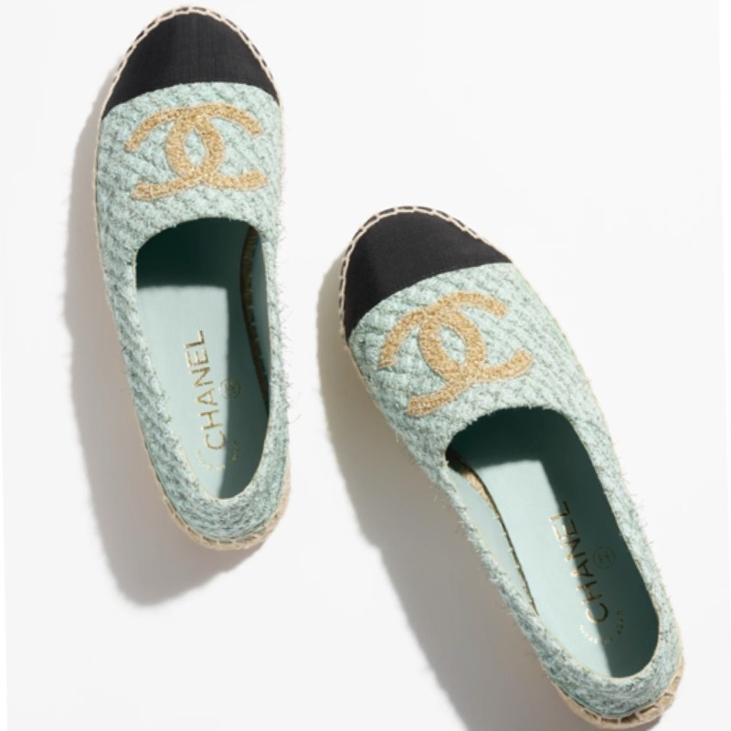【全新品】chanel 香奈兒藍色薄荷綠tweed草編漁夫鞋 40號-4