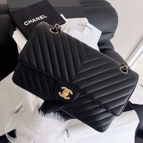 【近新閒置品】Chanel香奈兒黑金v紋 cf中號鏈條包27開斜挎包